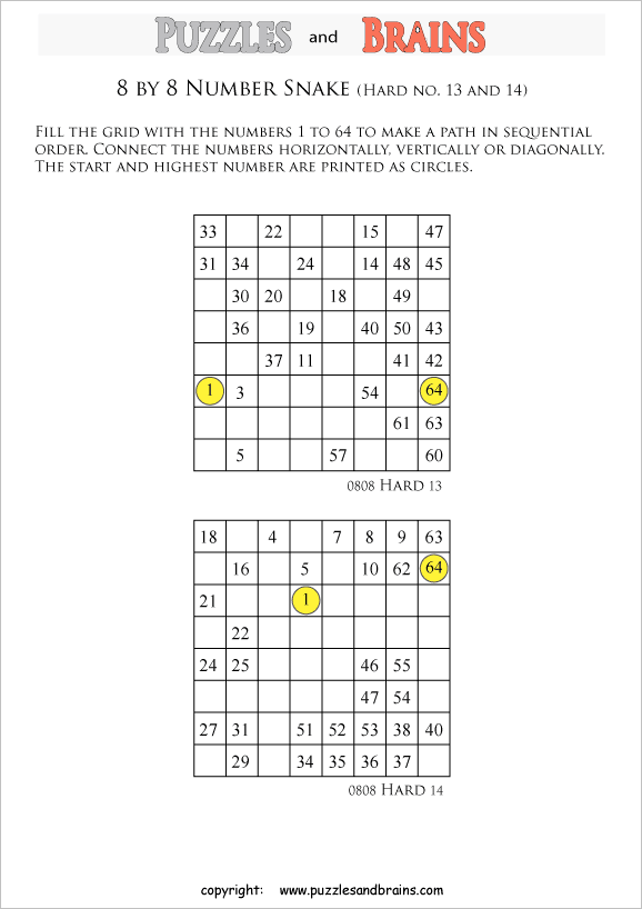 Printable hard level 8 by 8 grid Hidato Number Snake logic puzzles for ...