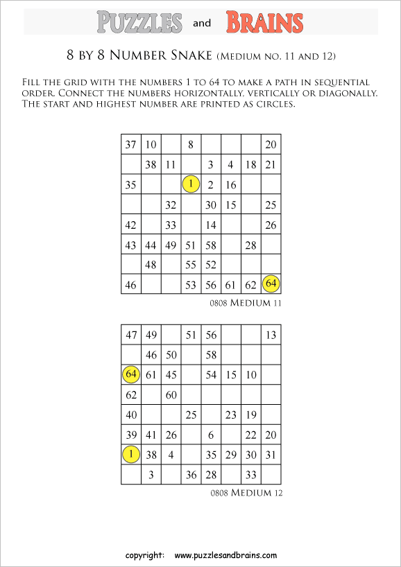 printable medium 8 by 8 Hidato Number Snake puzzles for young and old