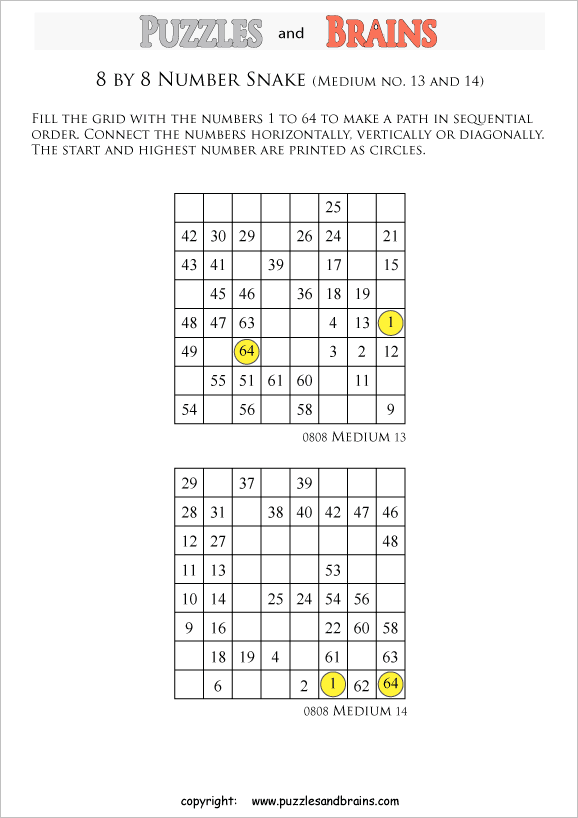 printable medium 8 by 8 Hidato Number Snake puzzles for young and old
