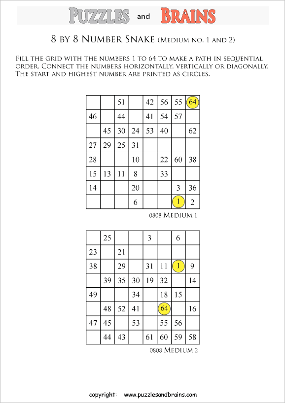 printable medium 8 by 8 Hidato Number Snake puzzles for young and old