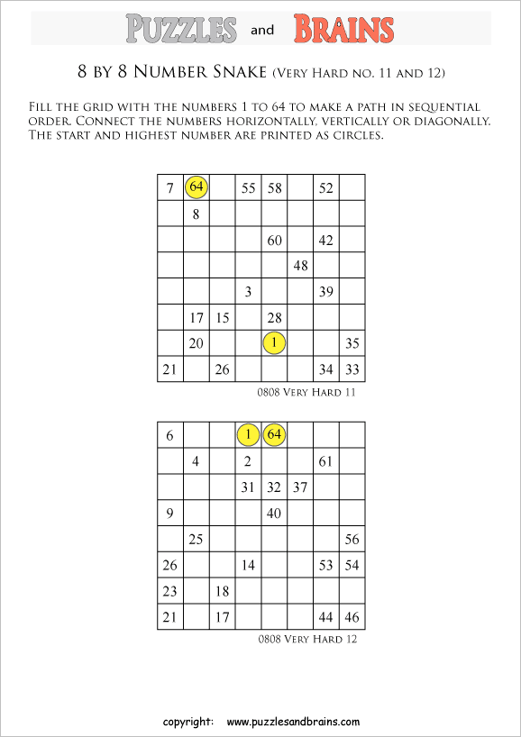 printable very difficult 8 by 8 Hidato Number Snake puzzles for young