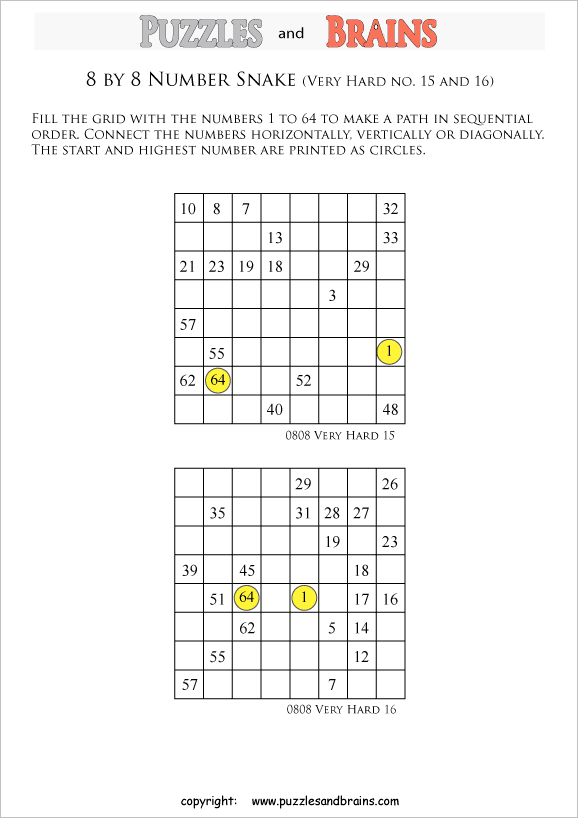 printable very difficult 8 by 8 Hidato Number Snake puzzles for young and old