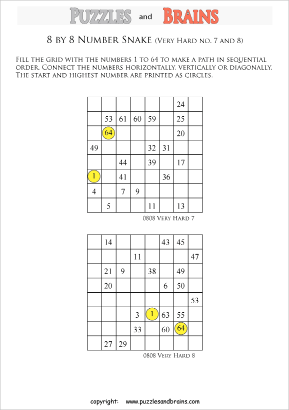 printable very difficult level 8 by 8 grid hidato number snake logic puzzles for kids beginners and profs