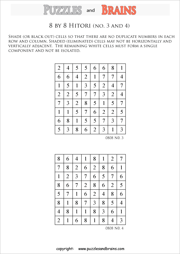 printable 8 by 8 hitori logic puzzles for kids and adults