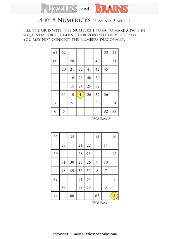 printable easier 8 by 8 Numbrix Number Snake puzzles for young and old