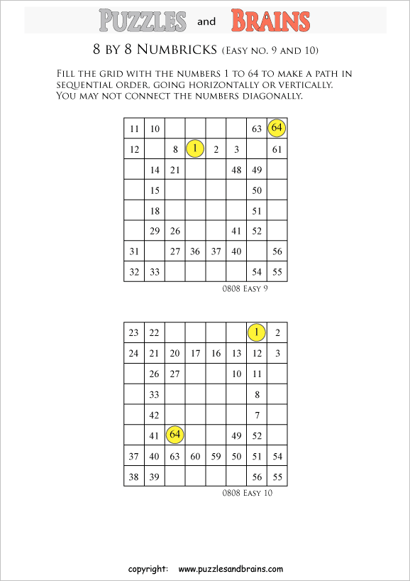 Printable easier level 8 by 8 grid Numbrix Number Snake logic puzzles