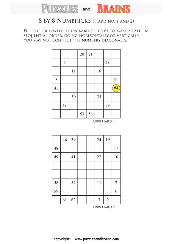 printable 8 by 8 difficult level Numbrix logic IQ puzzles