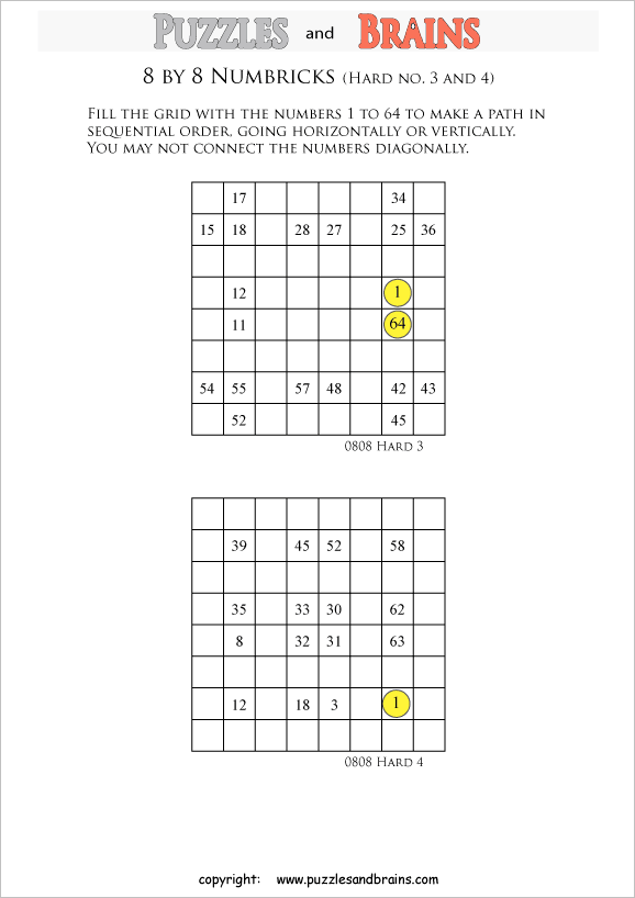 printable 8 by 8 difficult level Numbrix logic IQ puzzles