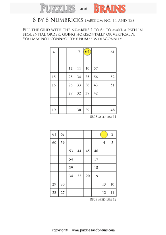 printable 8 by 8 medium level Numbrix logic IQ puzzles