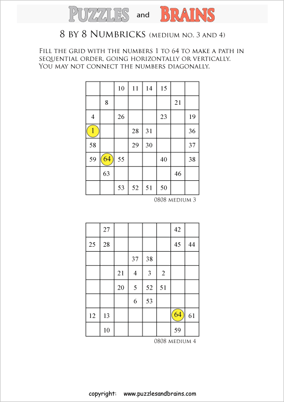 Printable 8 by 8 medium level Numbrix logic puzzles for kids and adults