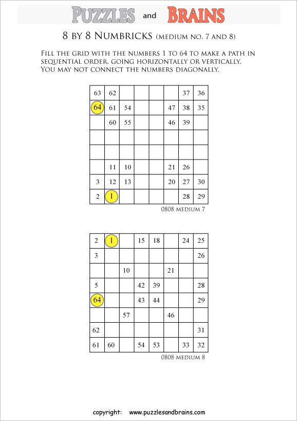 Printable 8 by 8 medium level Numbrix logic puzzles for kids and adults