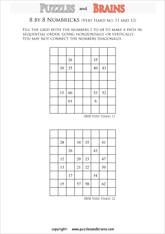 printable 8 by 8 very hard level Numbrix logic IQ puzzles
