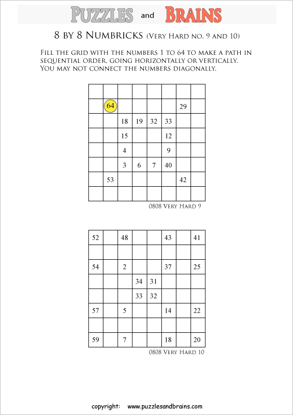 printable 8 by 8 very hard level Numbrix logic IQ puzzles