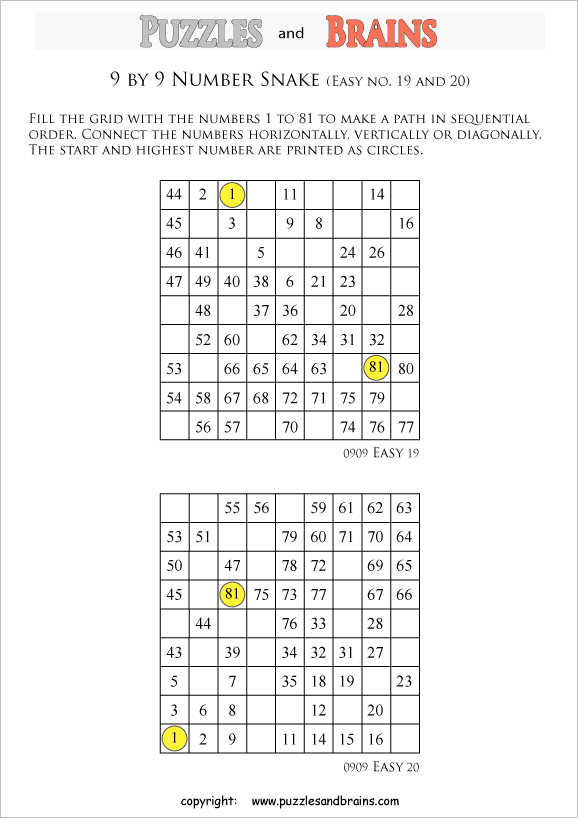 Printable easier 9 by 9 grid Hidato Number Snake logic puzzles for kids ...