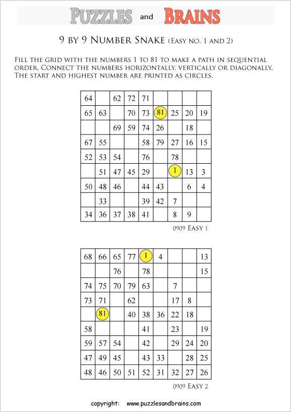 printable easier 9 by 9 Hidato Number Snake puzzles for young and old