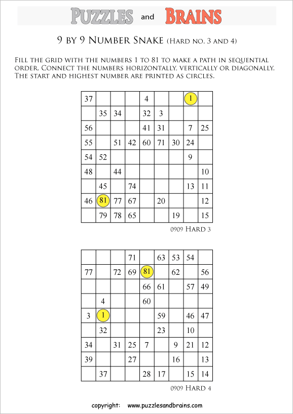 Printable hard level 9 by 9 grid Hidato Number Snake logic puzzles for ...
