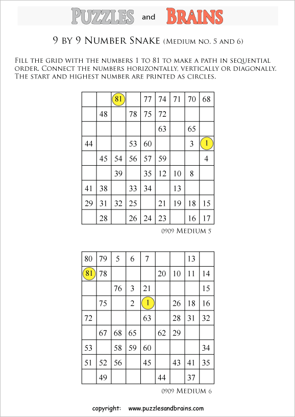 printable medium 9 by 9 Hidato Number Snake puzzles for young and old