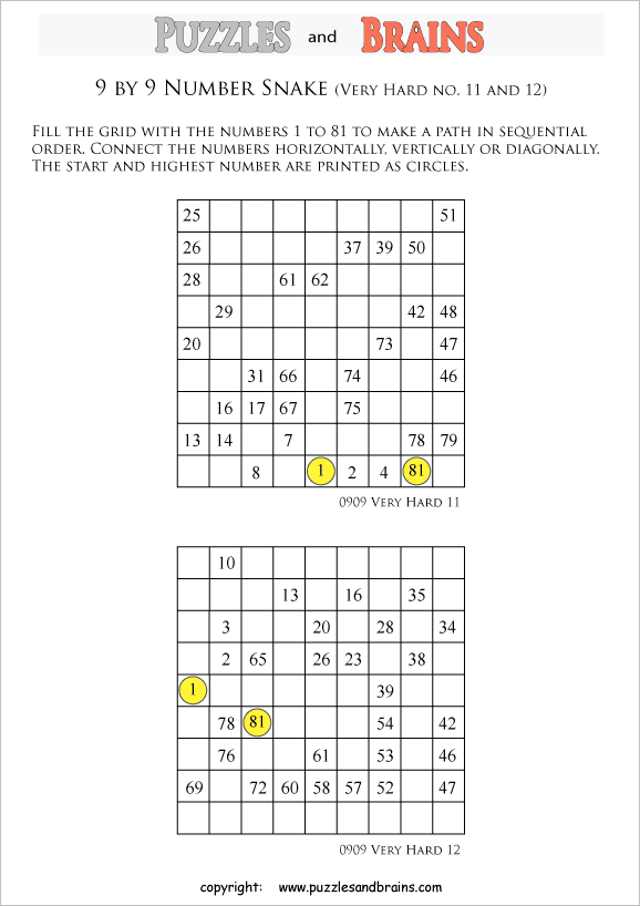 printable very difficult 9 by 9 Hidato Number Snake puzzles for young and old