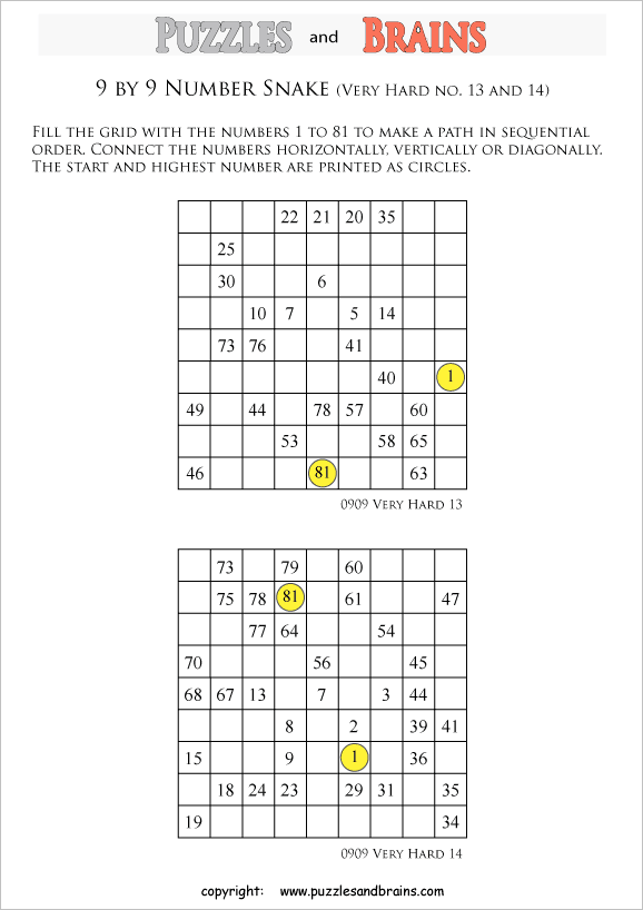 Printable very difficult level 9 by 9 grid Hidato Number Snake logic