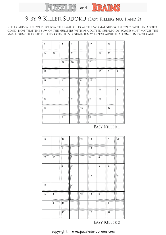 Printable Easier 9 By 9 Math Killer Sudoku Puzzles The Perfect Mix 