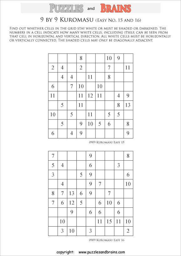 printable easier 9 by 9 kuromasu logic puzzles for young and old