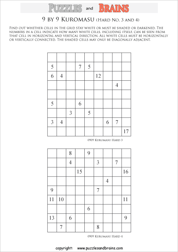 Printable difficult level 9 by 9 Kuromasu logic puzzles for kids and adults