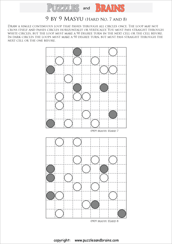 printable difficult level 9 by 9 Japanese Masyu Circles logic puzzles for young and old.