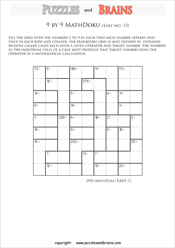 Printable 9 by 9 easier level MathDoku, KenKen like, math puzzles for kids
