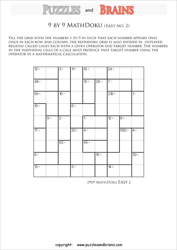 printable 9 by 9 easier level mathdoku kenken like math