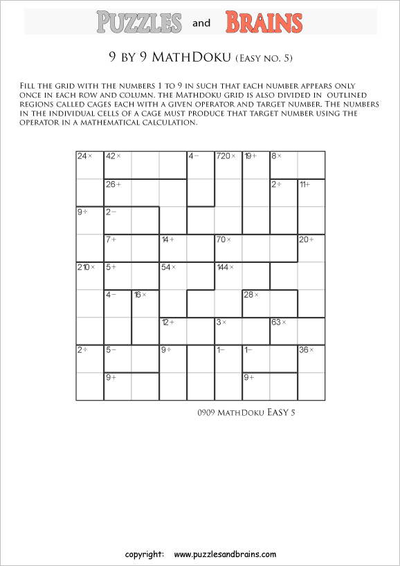 Printable 9 by 9 easier level MathDoku, KenKen like, math puzzles for kids