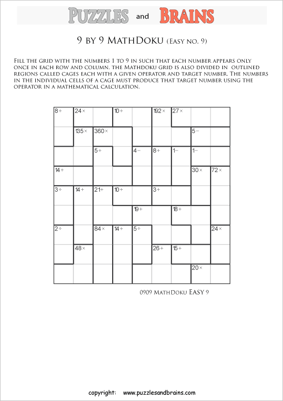 Printable 9 by 9 easier level MathDoku, KenKen like, math puzzles for kids