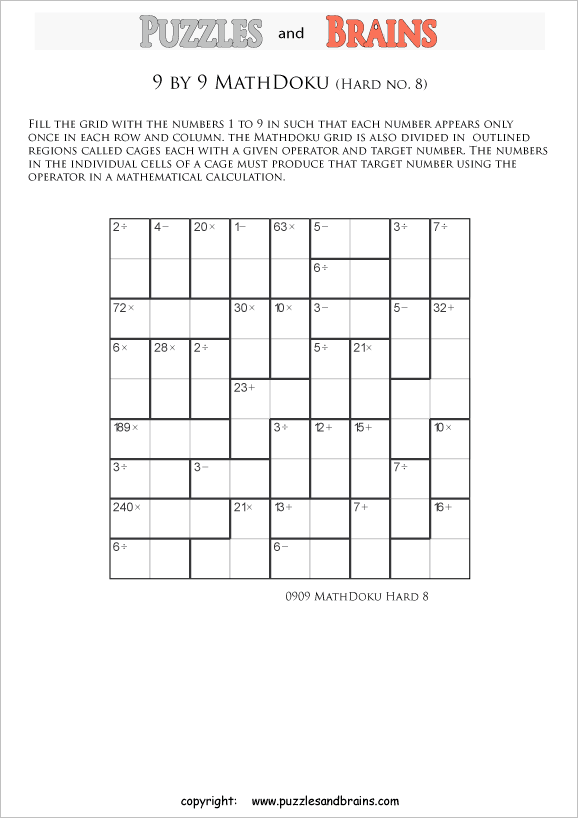 Printable 9 by 9 difficult level MathDoku, KenKen like, math puzzles for kids
