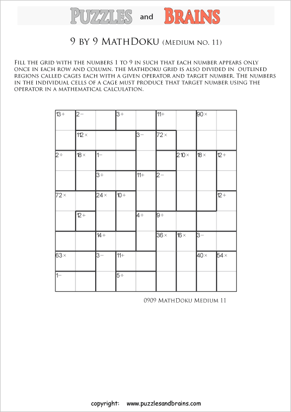 Printable 9 by 9 medium level MathDoku, KenKen like, math puzzles for kids