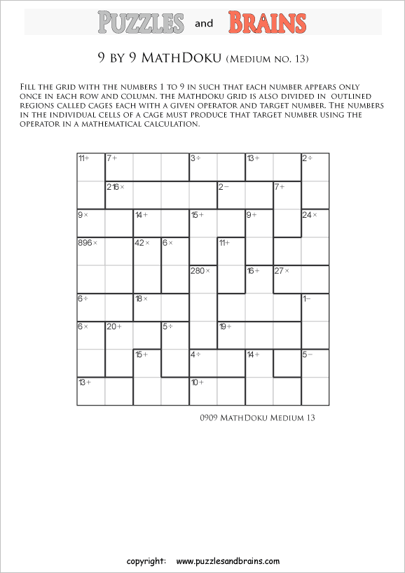 printable 9 by 9 medium level Mathdoku, KenKen-like, math puzzles for ...