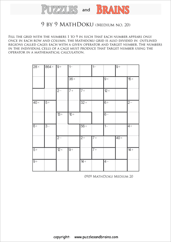 Printable 9 by 9 medium level MathDoku, KenKen like, math puzzles for kids