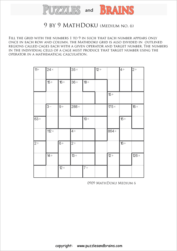 printable 9 by 9 medium level Mathdoku, KenKen-like, math puzzles for young and old