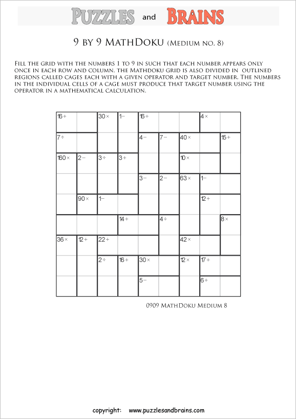 Printable 9 by 9 medium level MathDoku, KenKen like, math puzzles for kids