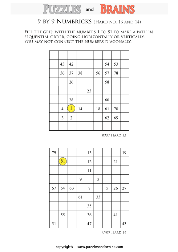Printable 9 by 9 difficult level Numbrix logic puzzles for kids and adults