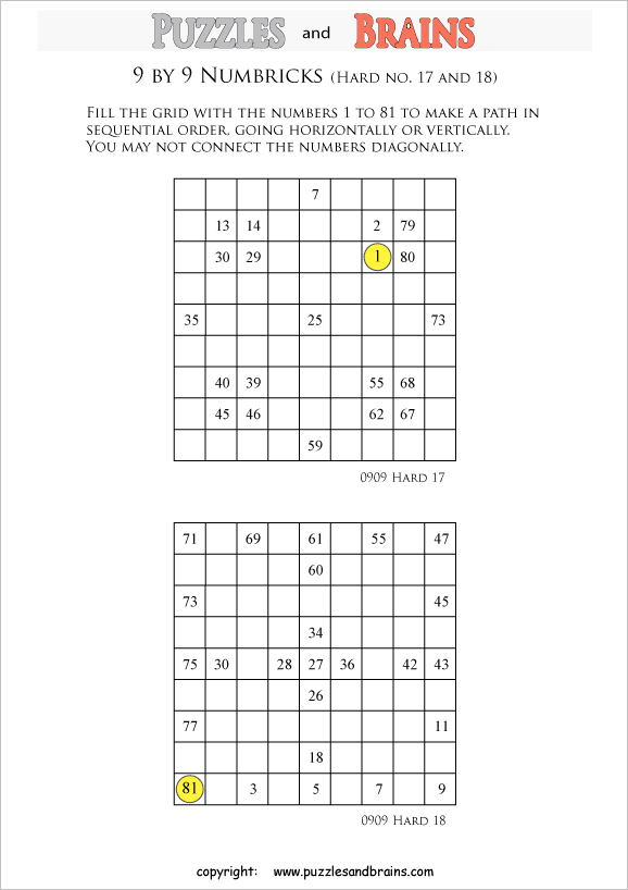 printable 9 by 9 difficult level Numbrix logic IQ puzzles