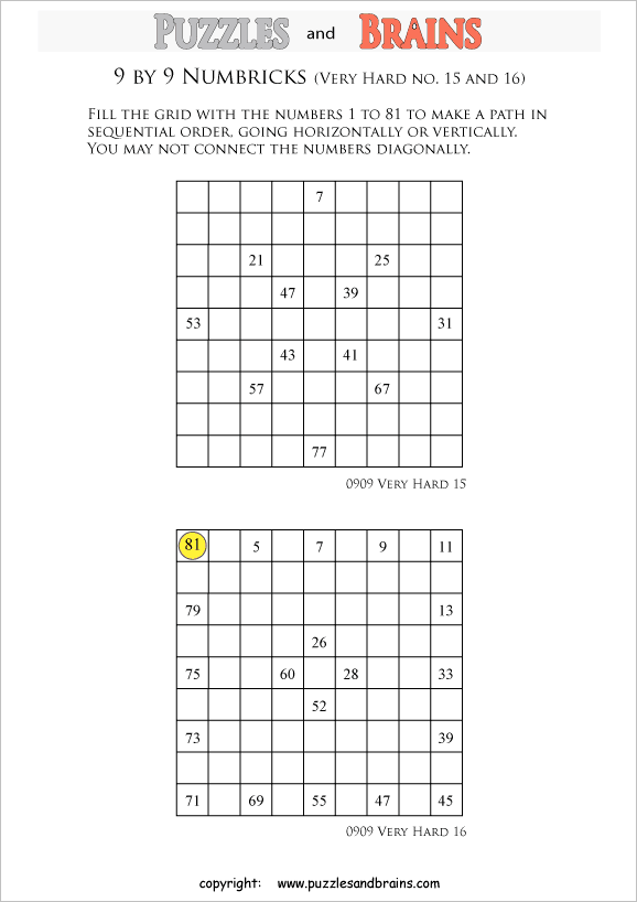 printable 9 by 9 very hard level Numbrix logic IQ puzzles