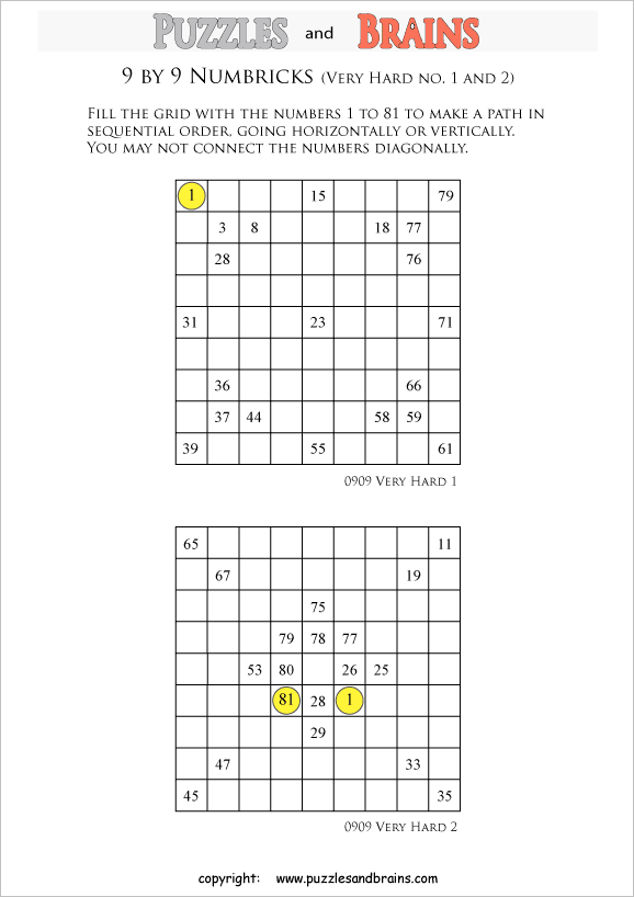 printable 9 by 9 very hard level Numbrix logic IQ puzzles