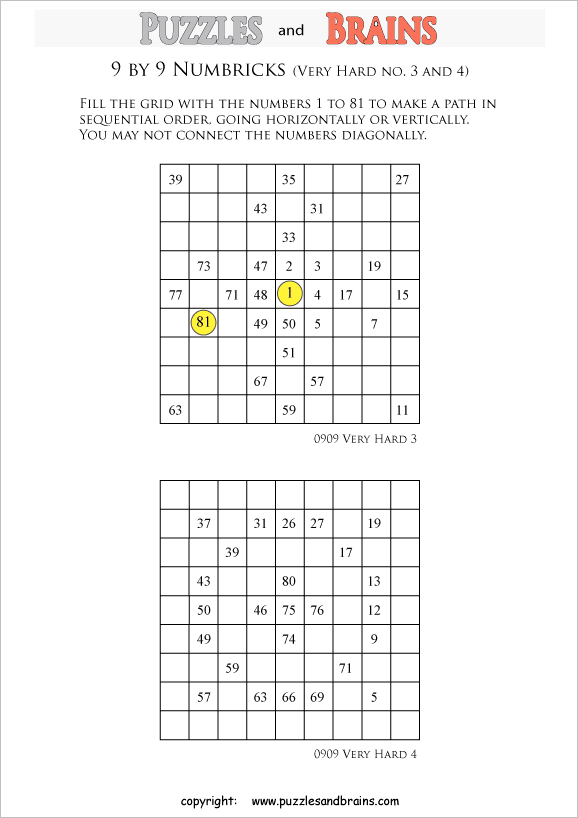 printable 9 by 9 very hard level Numbrix logic IQ puzzles