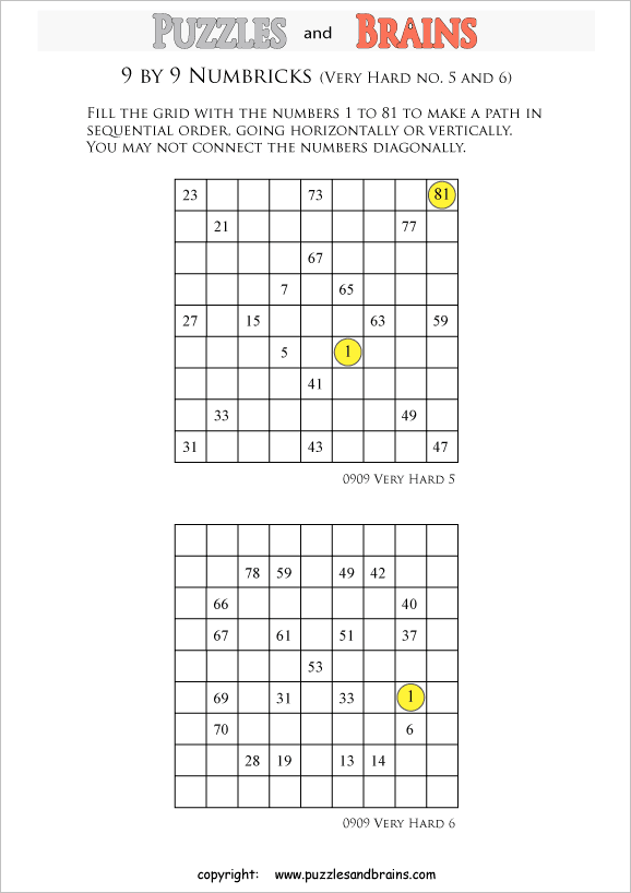 Printable 9 by 9 very difficult level Numbrix logic puzzles for kids
