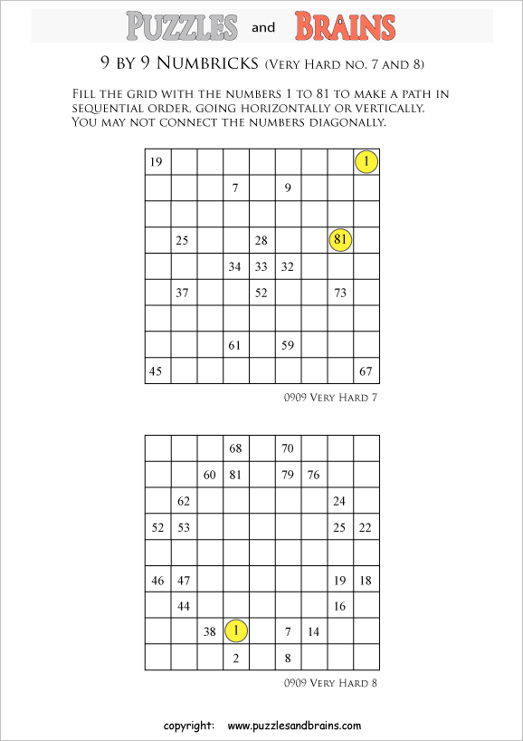 printable 9 by 9 very hard level Numbrix logic IQ puzzles