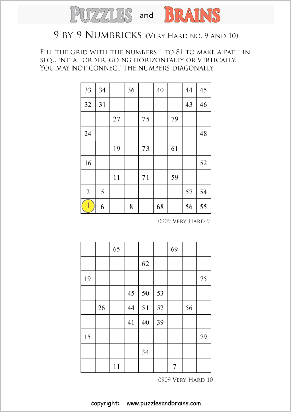 printable 9 by 9 very hard level Numbrix logic IQ puzzles