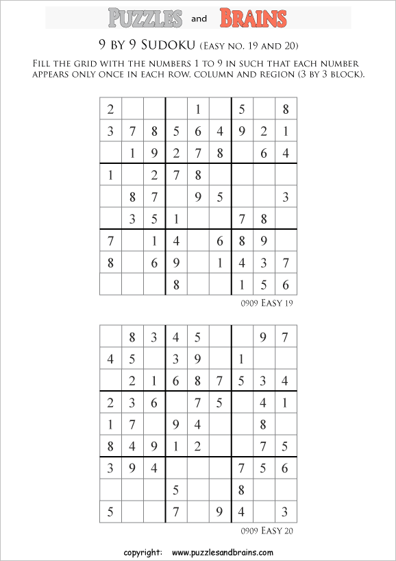 printable easier 9 by 9 Sudoku puzzles