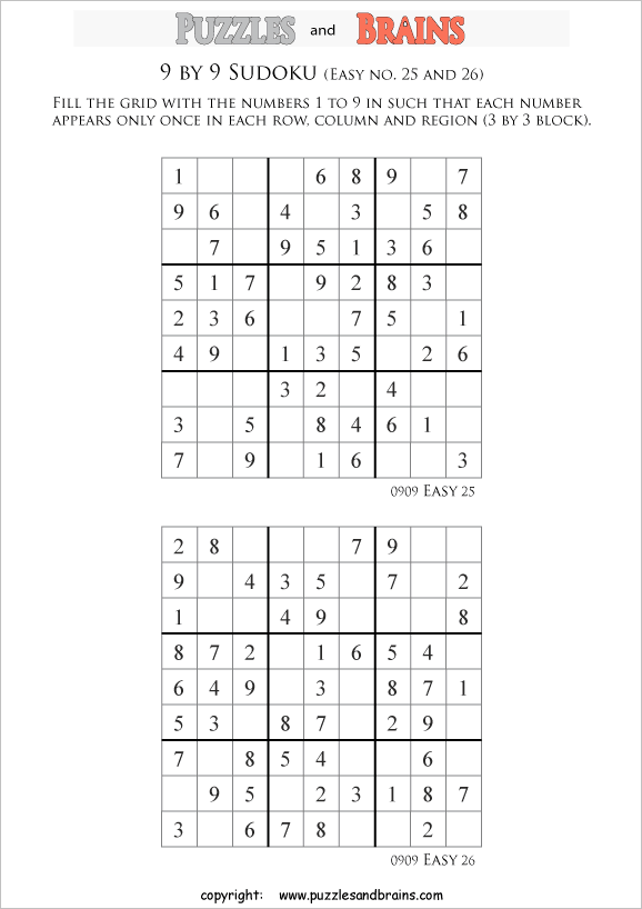 printable easier 9 by 9 Sudoku puzzles