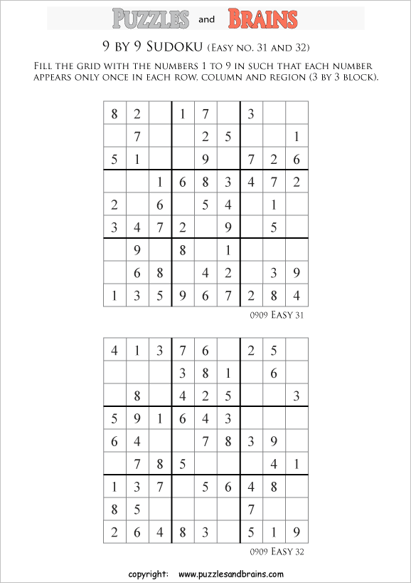 printable 9 by 9 sudoku puzzles for kids beginners and profs