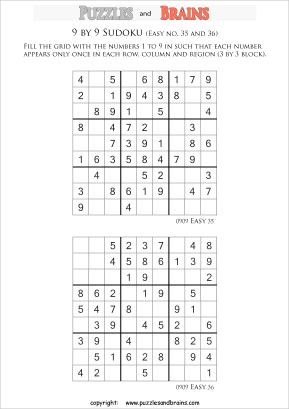 printable 9 by 9 sudoku puzzles for kids beginners and profs