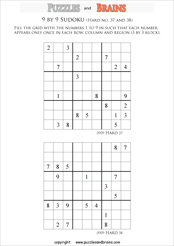 printable difficult level 9 by 9 Sudoku puzzles